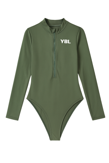 Long Sleeved Zip One Piece Swimwear in Olive Green