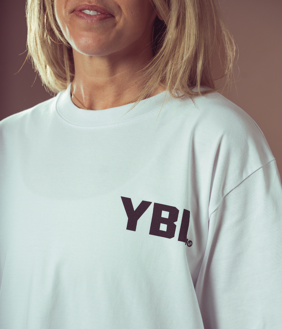 Ice Cold Beer Club with YBL on the front Unisex Oversized Tee in White