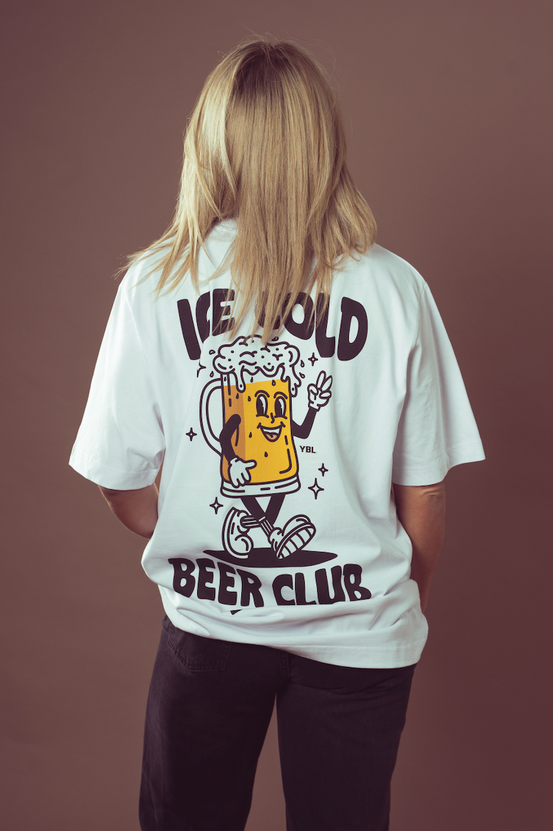 Ice Cold Beer Club with YBL on the front Unisex Oversized Tee in White