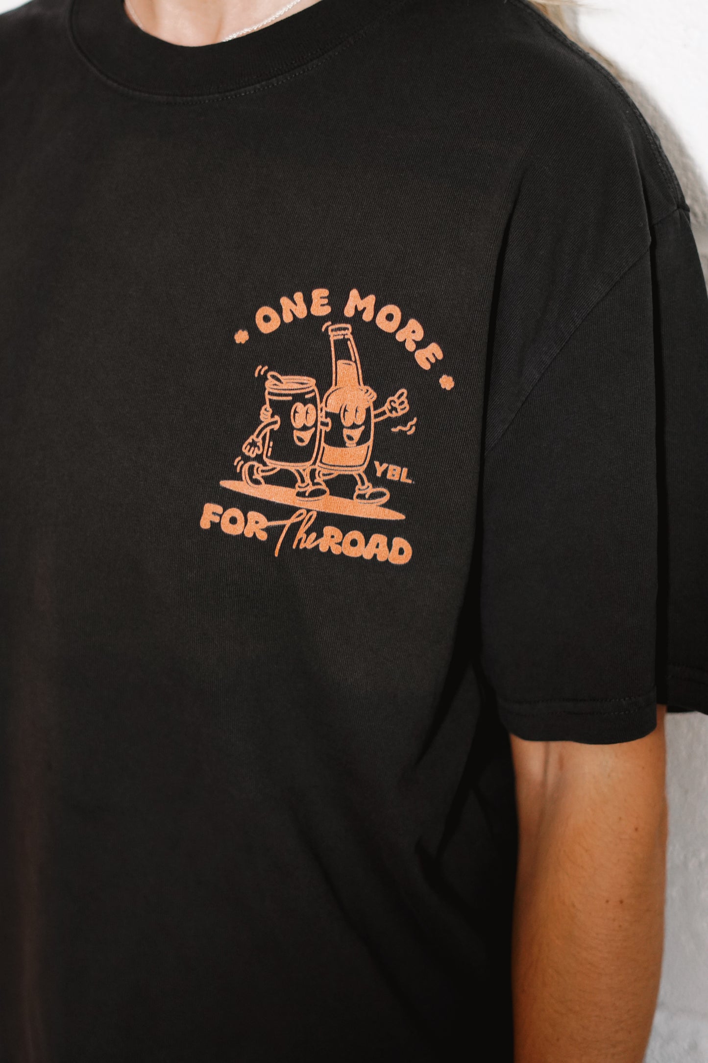 One More For The Road Mens Heavy Faded Tee in Black with Orange Print