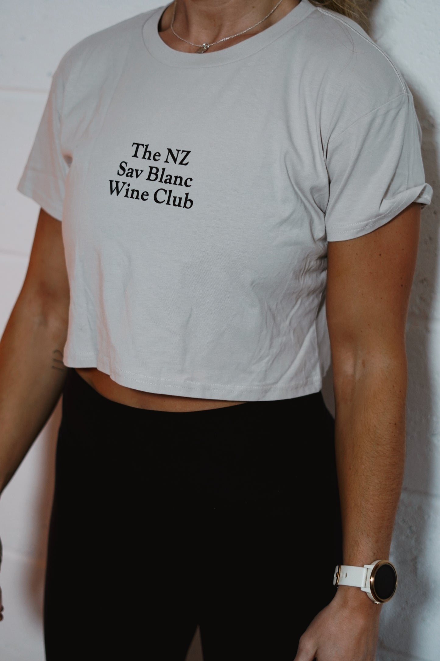 NZ Wine Club Womens Crop Tee in Bone with Black Print
