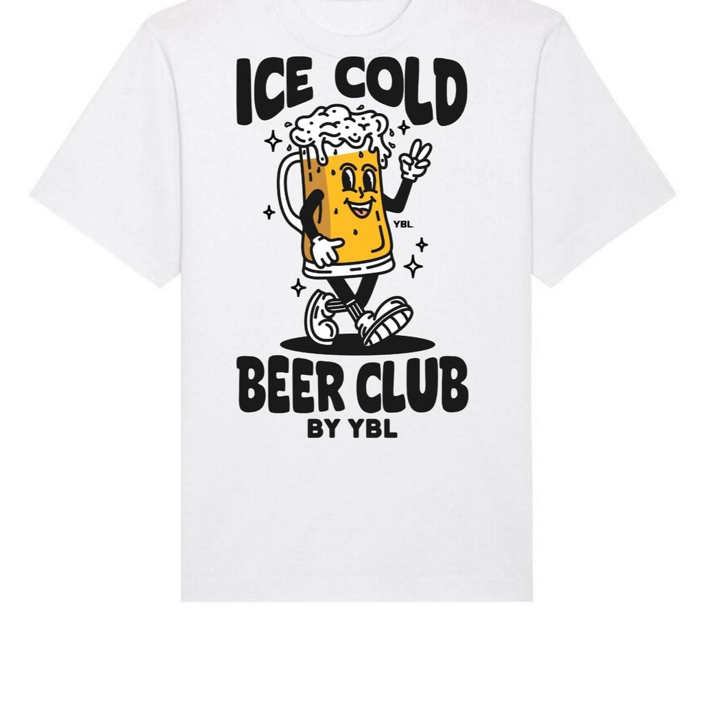 Ice Cold Beer Club with YBL on the front Unisex Oversized Tee in White