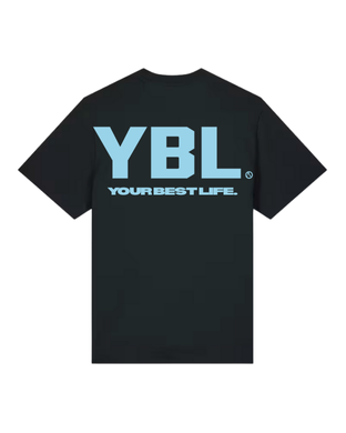 YBL. YOUR BEST LIFE. Black T with Blue print.