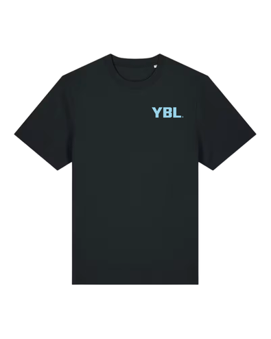 YBL. YOUR BEST LIFE. Black T with Blue print.