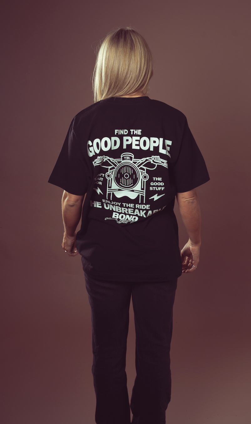Good People Bike Print with YBL on the front Unisex Oversized Tee in Black